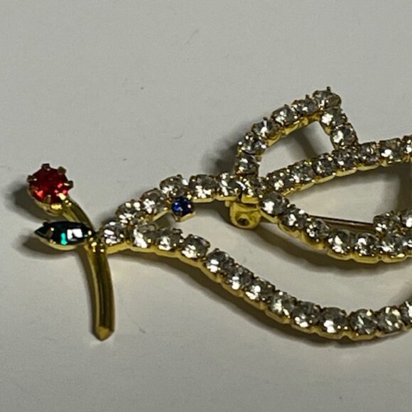 VTG Rhinestone Crystals Christmas Peace Dove Red Rose Brooch Pin 2.25" - Picture 11 of 14